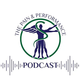 Logo for "The Pain & Performance Podcast" featuring a stylized human figure with wings and a podcast waveform, promoting an episode with Chantea Goetz, PhD.