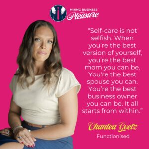 Chantea Goetz, PhD, MS, CES, Performance Psychologist, sitting confidently with an inspiring quote on a pink background.